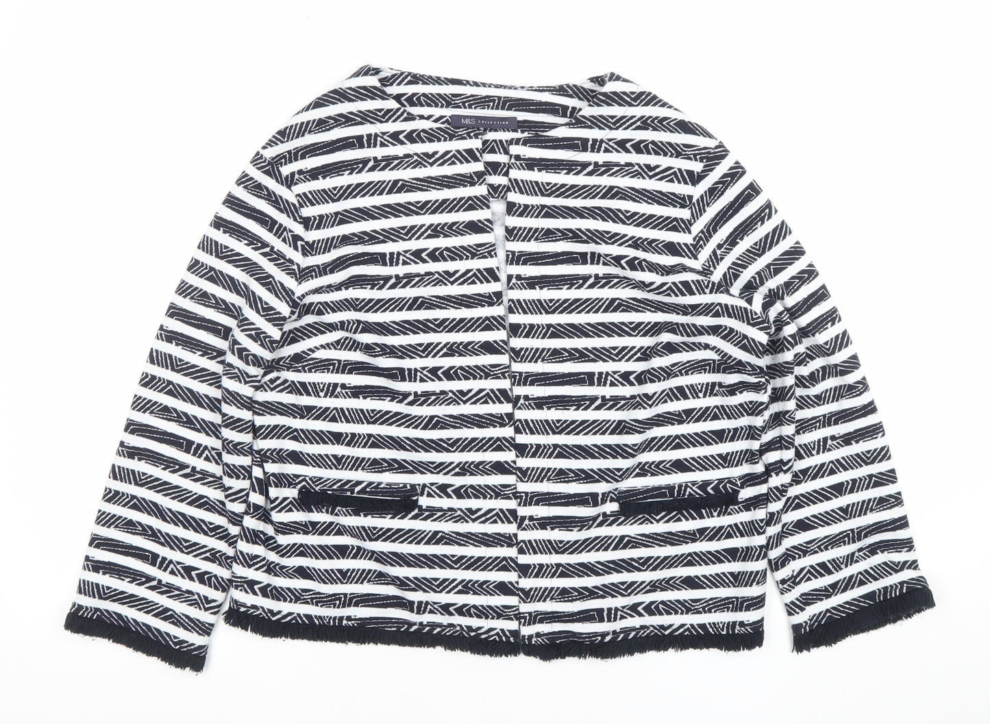 Marks and Spencer Women’s Black White Striped Fringe Trim Cardigan Size 14