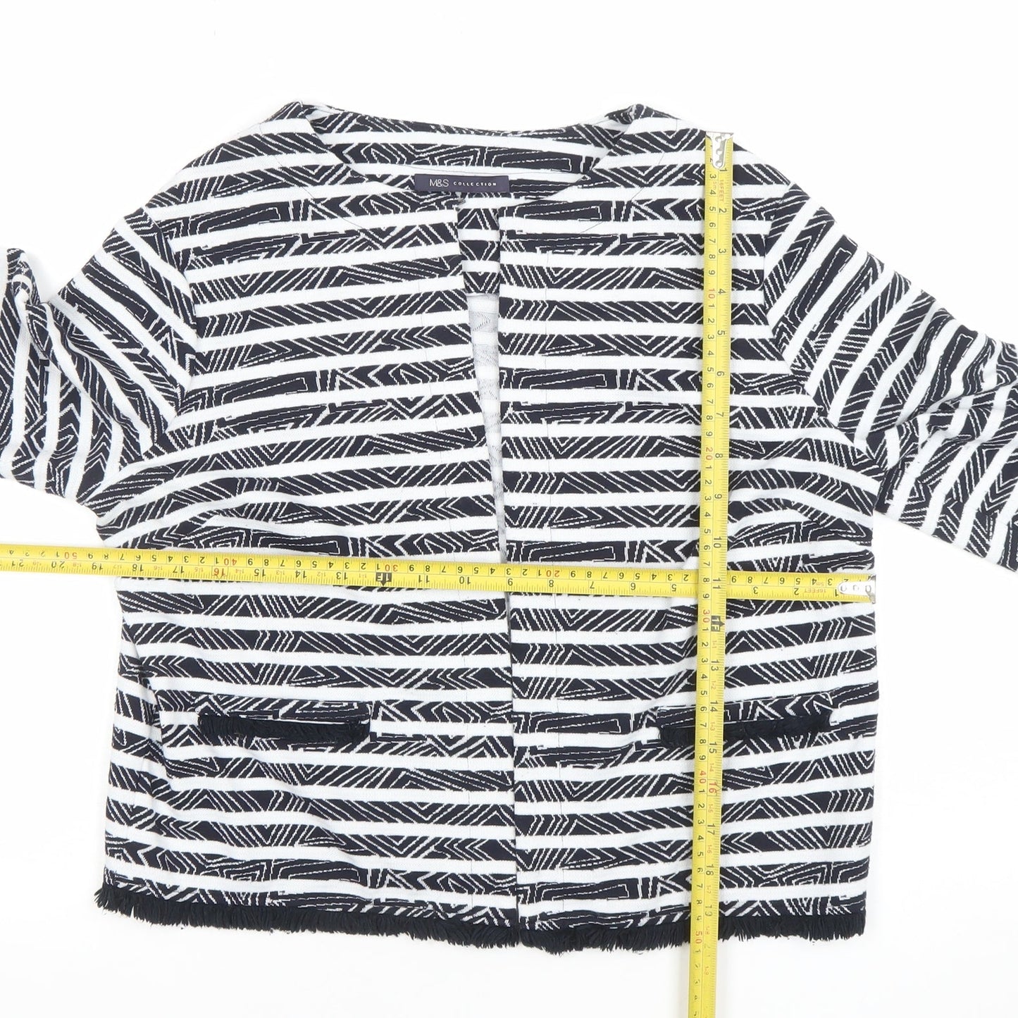 Marks and Spencer Women’s Black White Striped Fringe Trim Cardigan Size 14