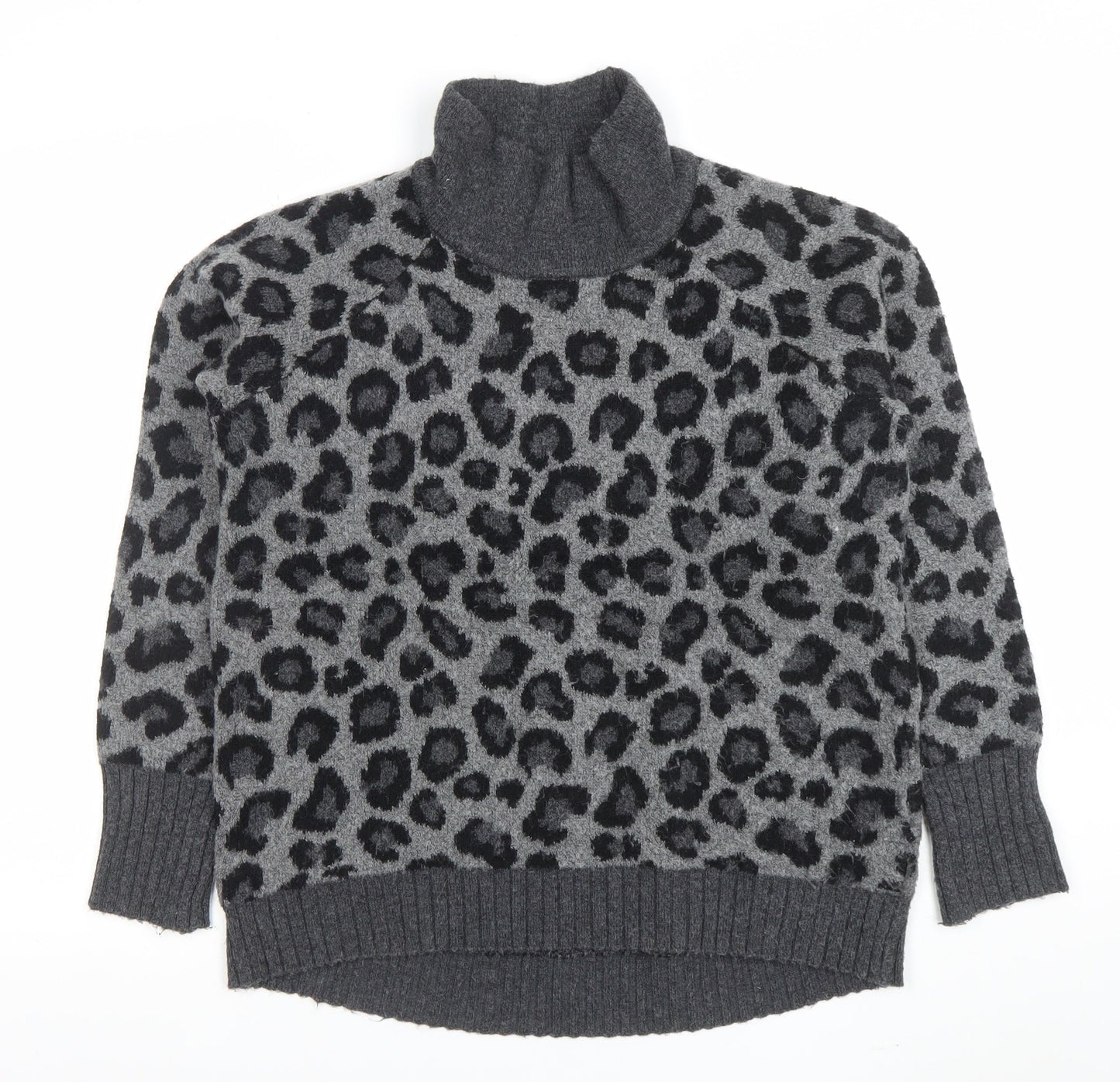 Cynthia Rowley Womens Grey Leopard Roll Neck Wool Blend Jumper L