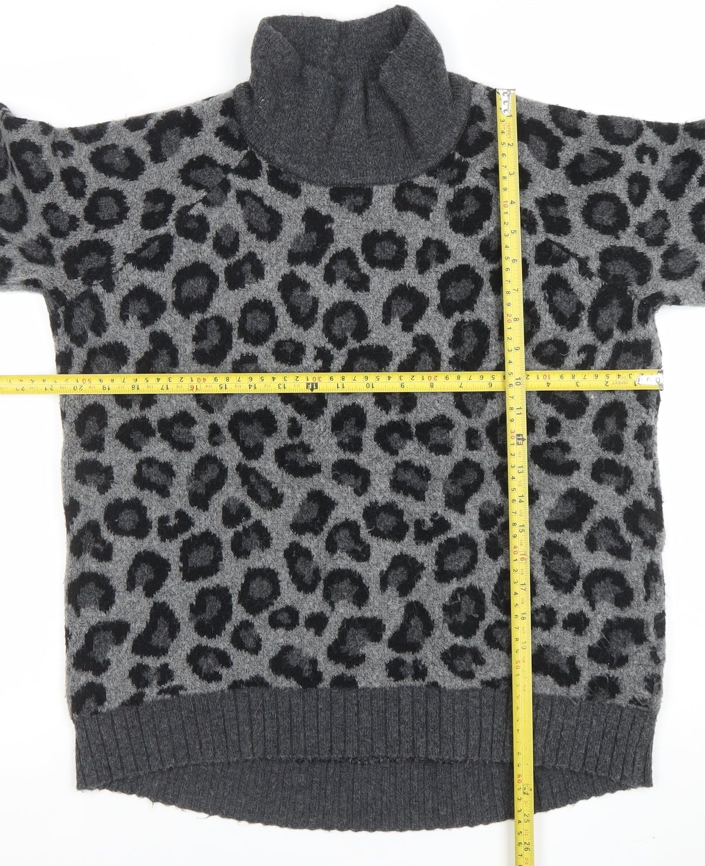 Cynthia Rowley Womens Grey Leopard Roll Neck Wool Blend Jumper L