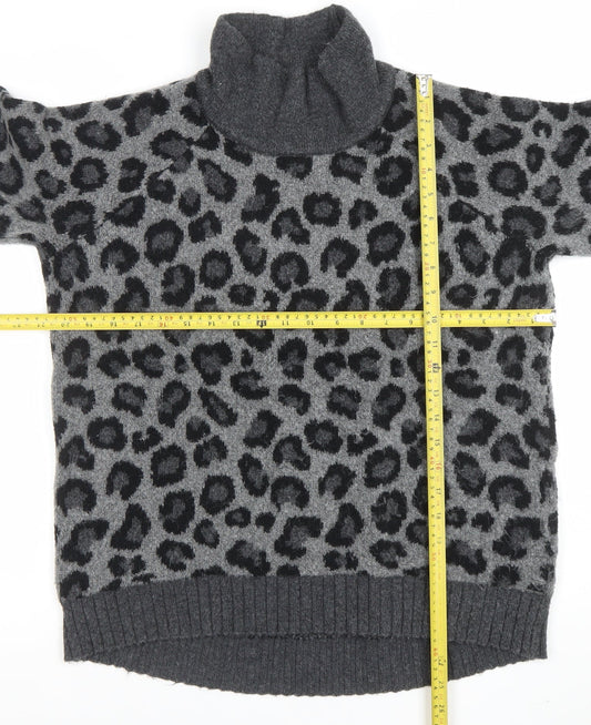 Cynthia Rowley Womens Grey Leopard Roll Neck Wool Blend Jumper L