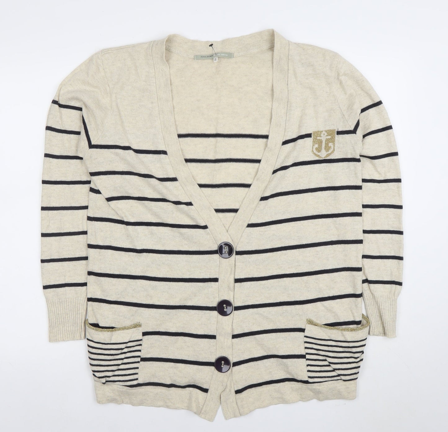 2 Frock Amazing Women's Beige Striped V-Neck Cardigan Size 16
