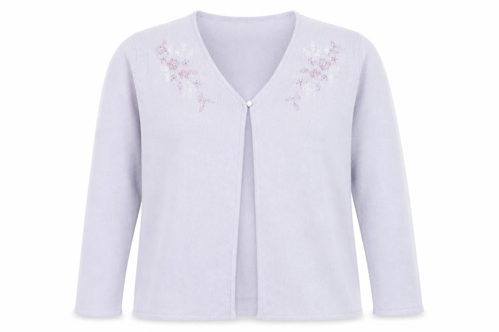 Front view of Honor Millburn at EWM Women’s Lilac Cardigan L Acrylic Embroidered Floral Knit