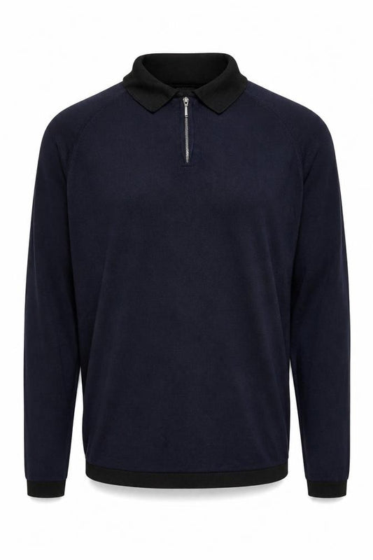 River Island Men's Blue Long Sleeve 1/4 Zip Knit Polo Shirt Size M
