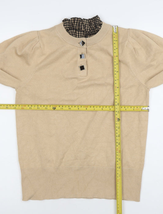 River Island Women Beige Size 12 Mock Neck Puff Sleeve Jumper