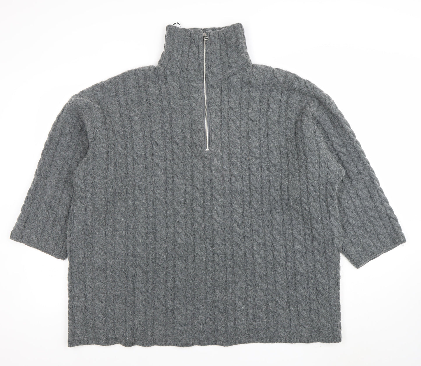 H&M Women’s Grey Wool Blend Cable-Knit Half Zip Jumper Size S