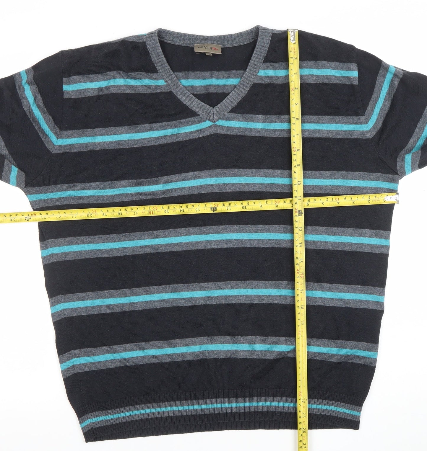 Remus Uomo Men's Blue Striped V-Neck Cotton Blend Jumper XL
