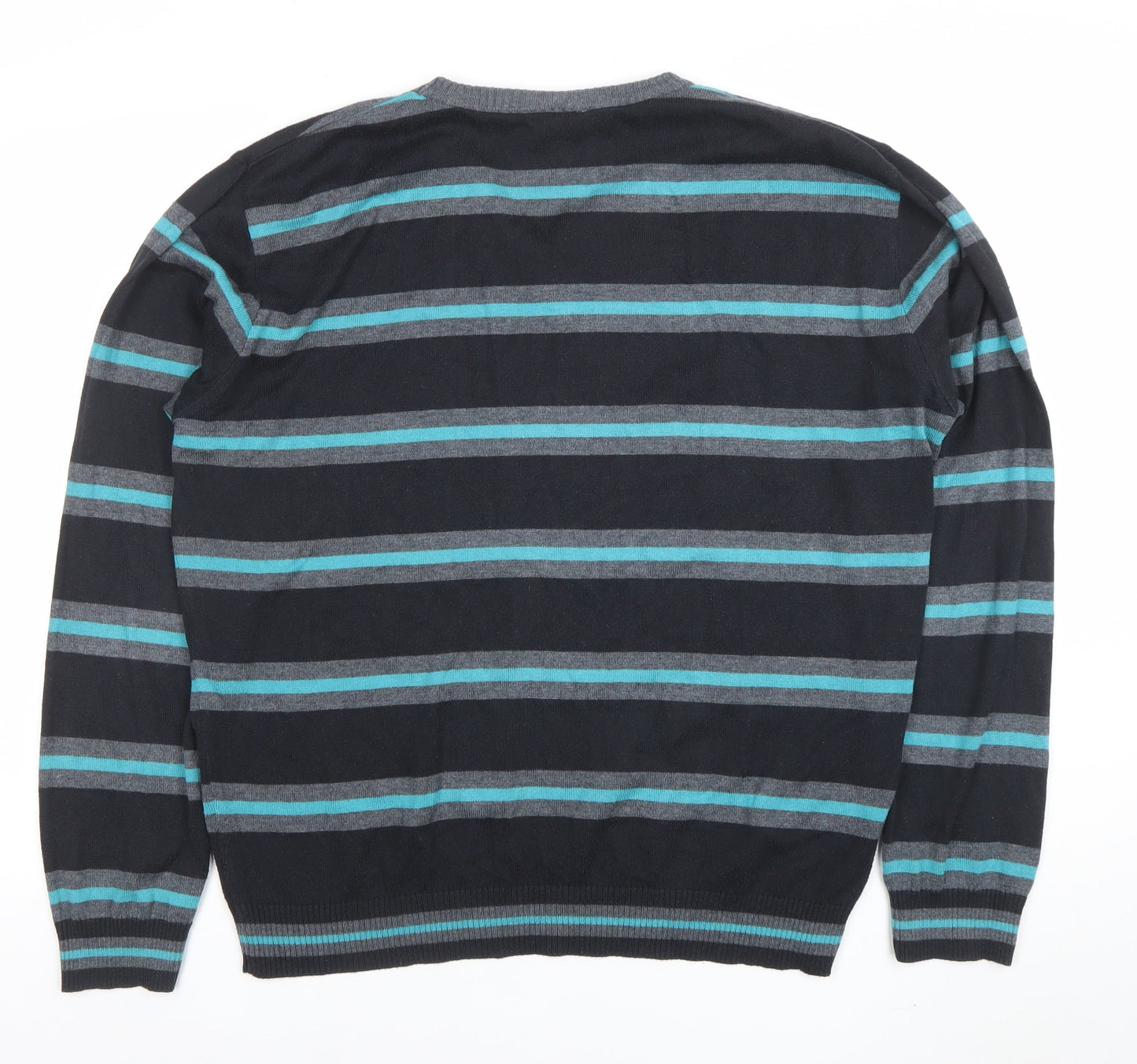 Remus Uomo Men's Blue Striped V-Neck Cotton Blend Jumper XL