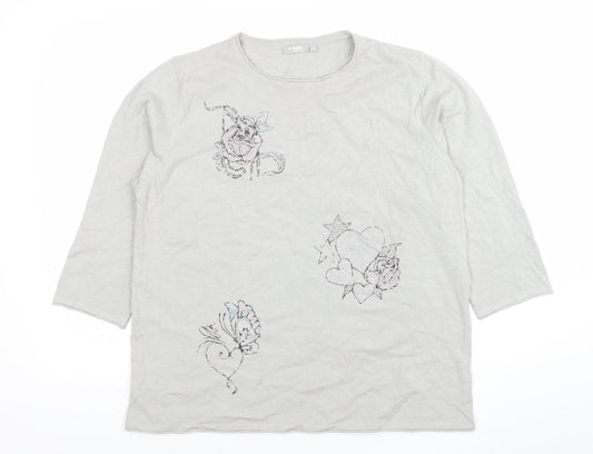 Rabe Womens Grey 3/4 Sleeve Embroidered Floral T-Shirt Size 14