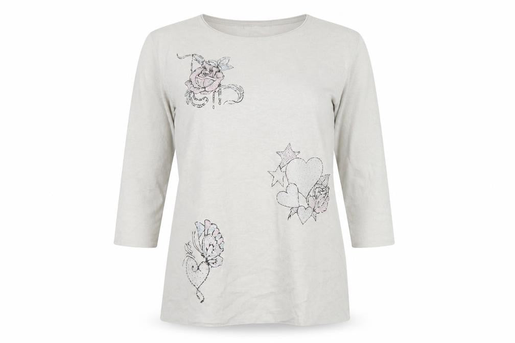 Rabe Womens Grey 3/4 Sleeve Embroidered Floral T-Shirt Size 14