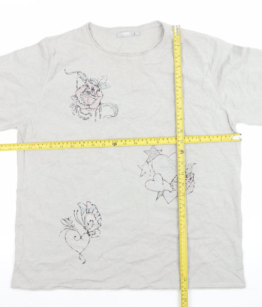 Rabe Womens Grey 3/4 Sleeve Embroidered Floral T-Shirt Size 14