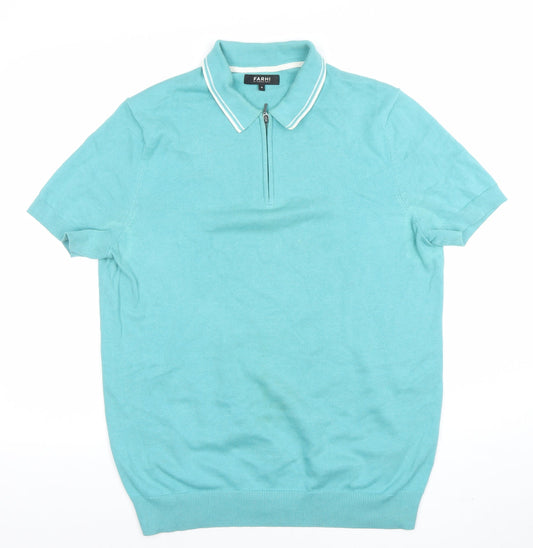Farhi by Nicole Farhi Men's Blue 1/4 Zip Cotton Polo Shirt Size M