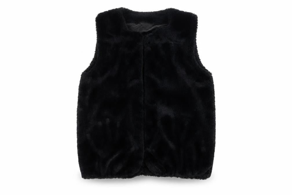 Front view of Pep&Co girls’ black faux fur waistcoat 8-9 years lined soft shell