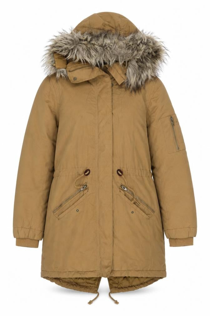 H&M Divided Women Brown Faux Fur Hooded Parka Coat Size 14