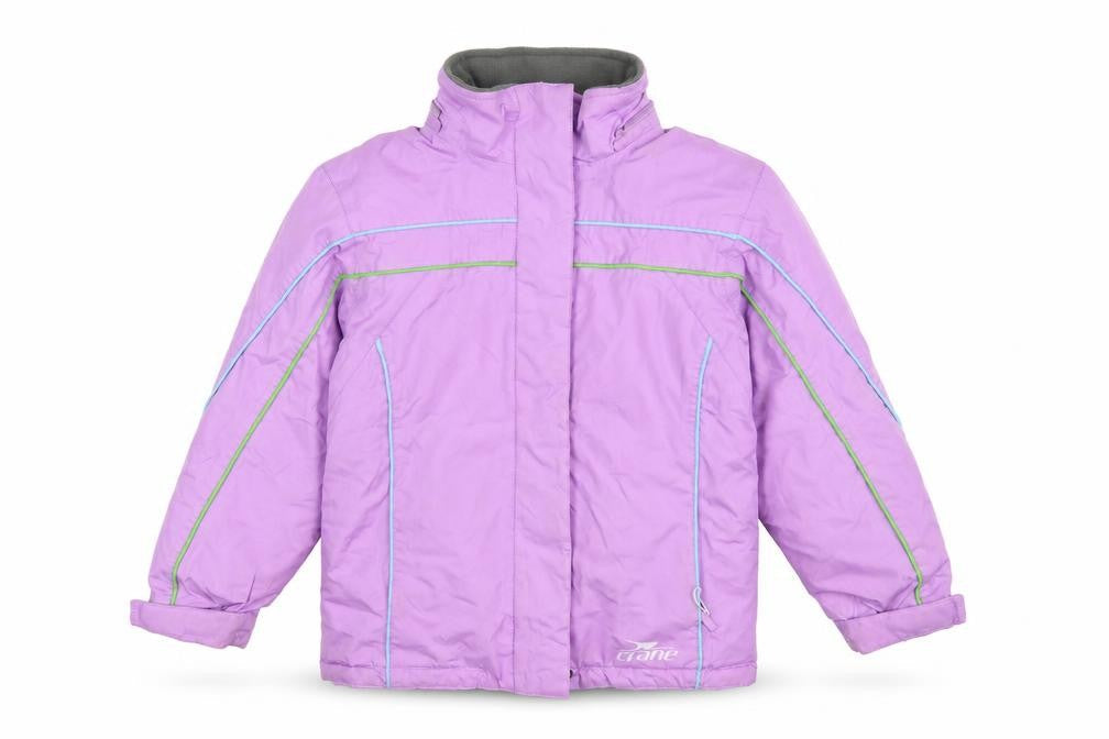 Front view of Crane girls’ purple 7-8 years waterproof hooded ski jacket