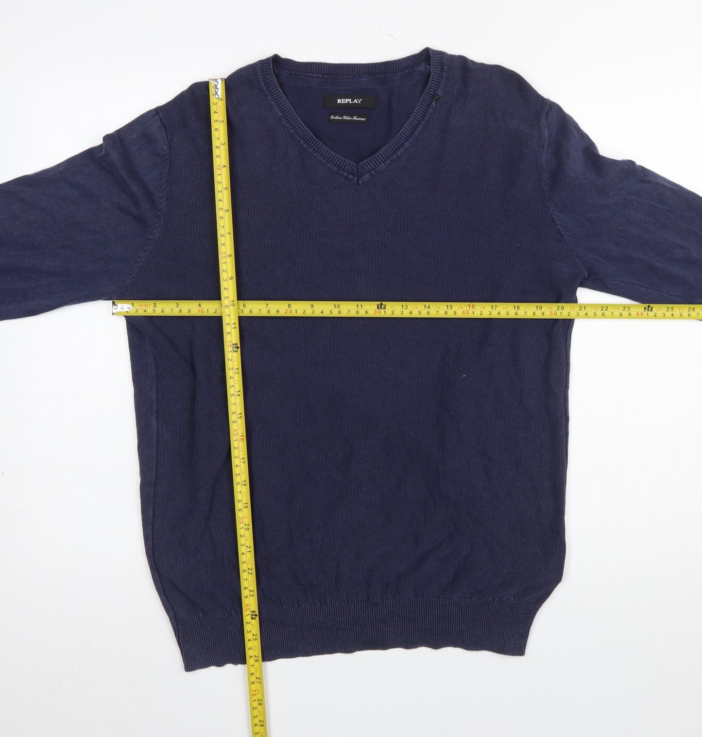 Replay Men's Blue Cotton V-Neck Jumper Size L