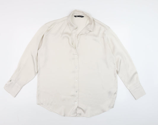 Zara Women Ivory Button-Up Long Sleeve Woven Blouse Size S