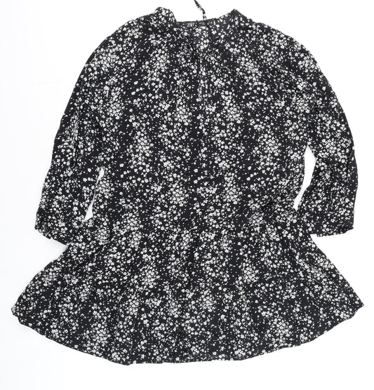 Zara Women Black Floral Tunic Blouse Size 12 with 3/4 Sleeves