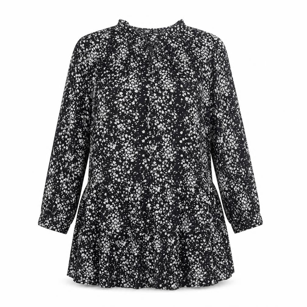 Zara Women Black Floral Tunic Blouse Size 12 with 3/4 Sleeves