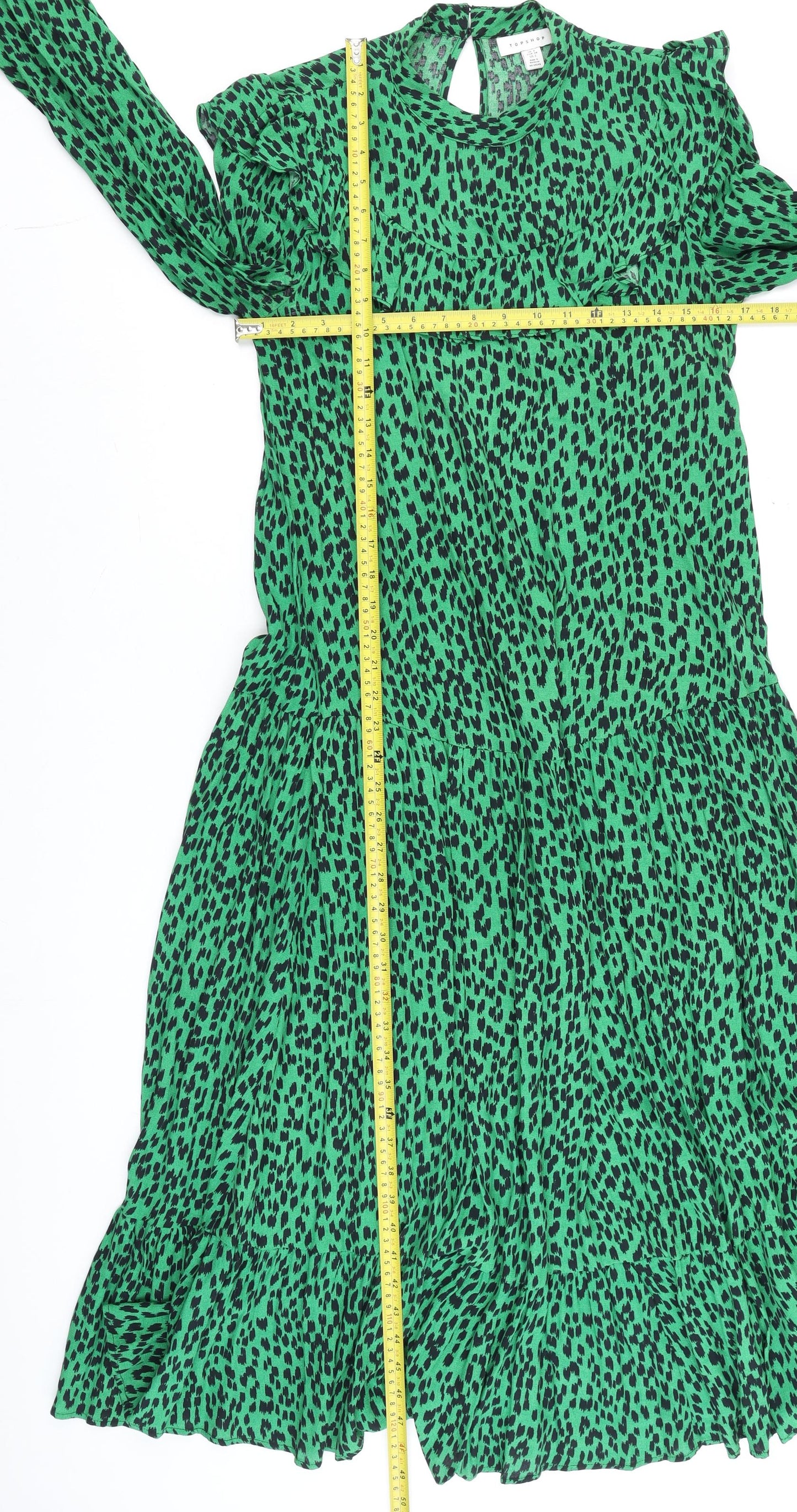 Topshop Women Green Animal Print Midi A-Line Dress Size 6