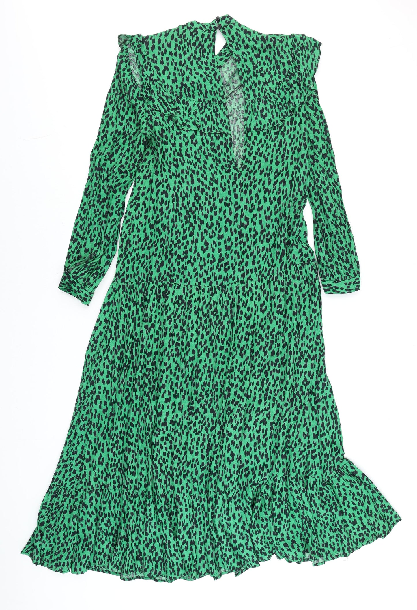 Topshop Women Green Animal Print Midi A-Line Dress Size 6