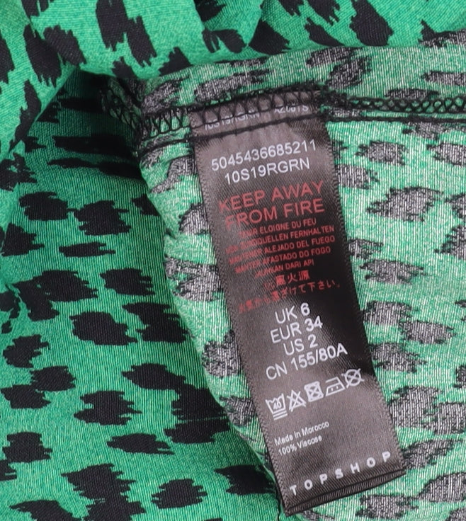 Topshop Women Green Animal Print Midi A-Line Dress Size 6