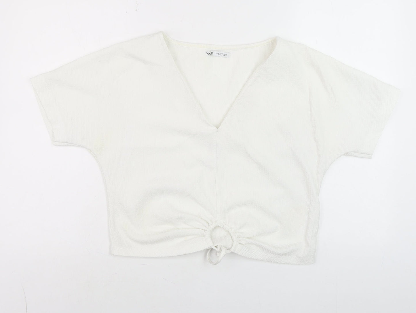 Zara Women’s White Cropped V-Neck Tie Front Shirt Size 8