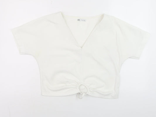 Zara Women’s White Cropped V-Neck Tie Front Shirt Size 8
