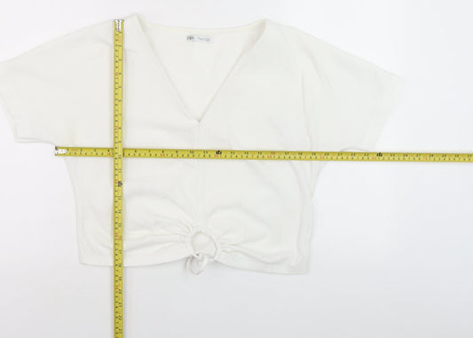 Zara Women’s White Cropped V-Neck Tie Front Shirt Size 8
