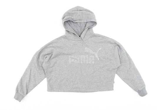 Puma Grey Cropped Hoodie Womens Teen Size 12 Relaxed Fit Fleece
