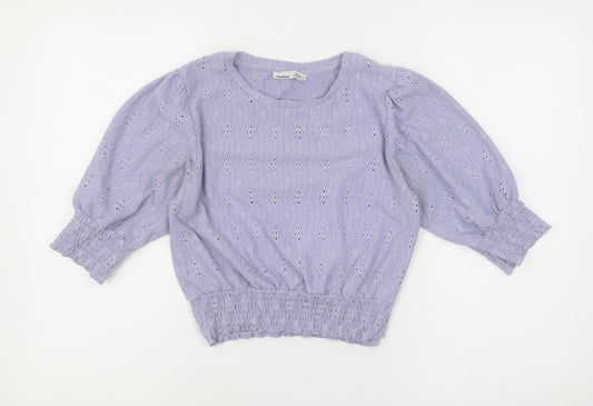 Pull & Bear Women Purple Cropped Blouse M Puff Sleeve Cotton
