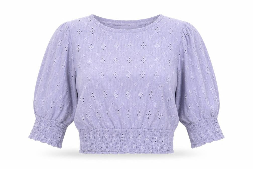 Pull & Bear Women Purple Cropped Blouse M Puff Sleeve Cotton