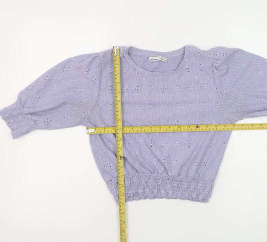 Pull & Bear Women Purple Cropped Blouse M Puff Sleeve Cotton