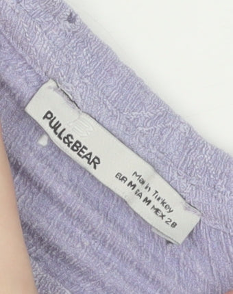 Pull & Bear Women Purple Cropped Blouse M Puff Sleeve Cotton