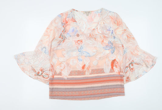 Tinta Style Women’s Peach Floral Chiffon Blouse Size 10 V-Neck Flared Sleeve