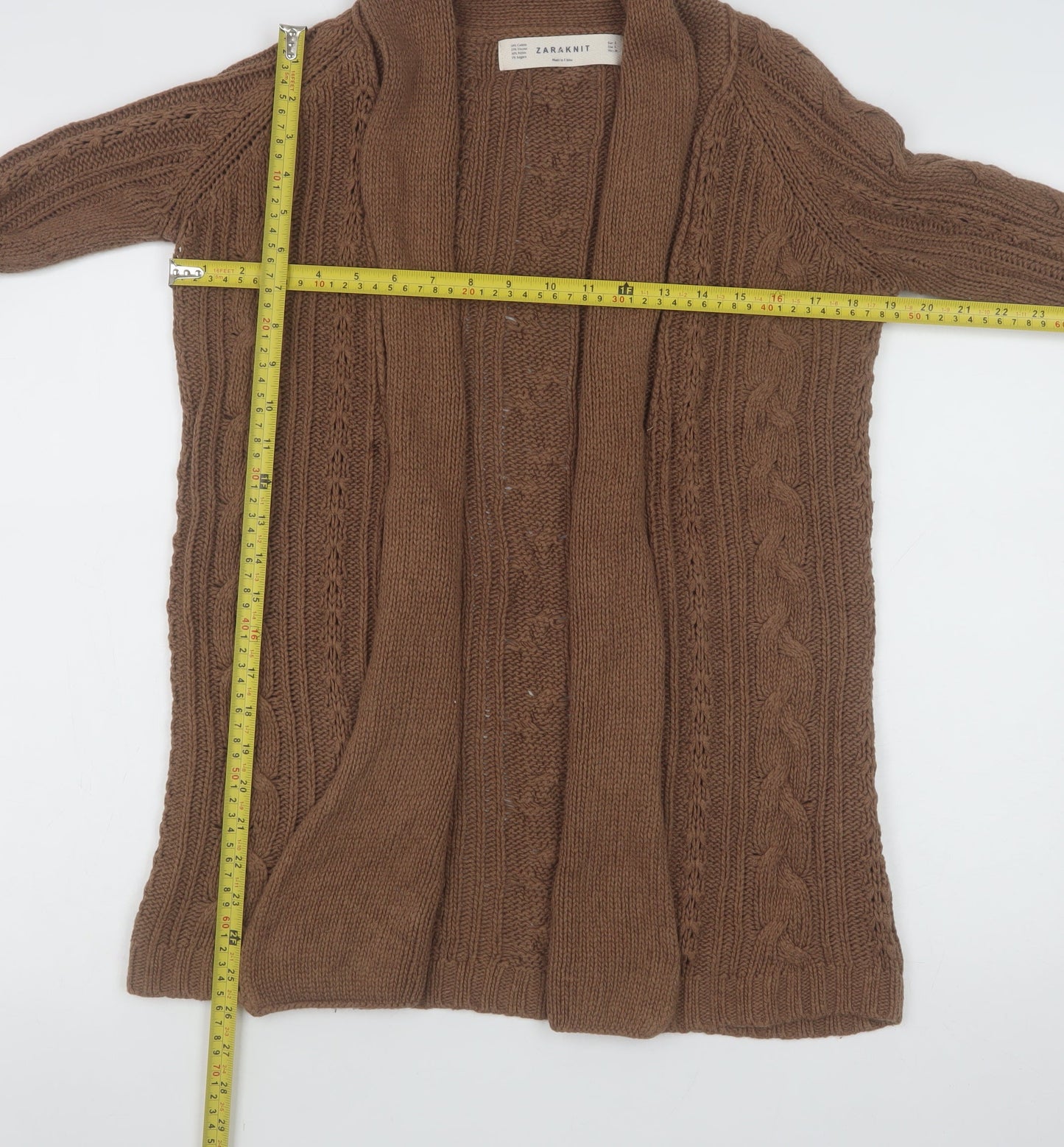 Zara Knit Women Brown Cable-Knit Cardigan Size S Long Sleeve