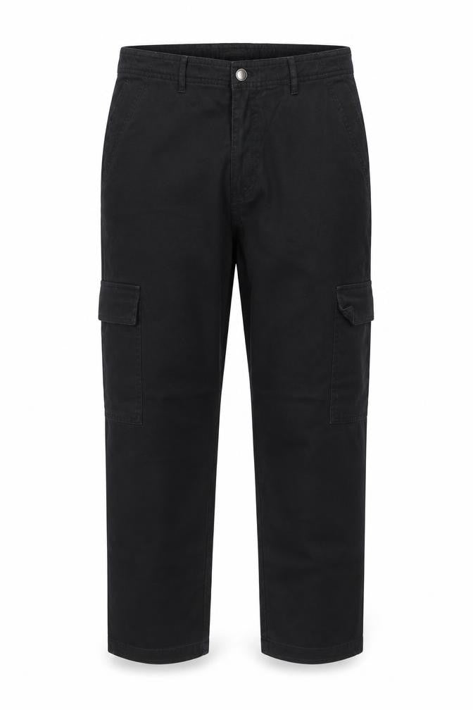 Front view of Dunnes women’s black cargo trousers, size UK 18, regular cotton straight leg