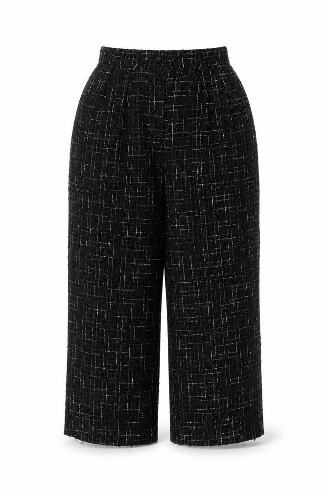 Front view of ASOS DESIGN women’s black tweed wide-leg high waist trousers uk 10