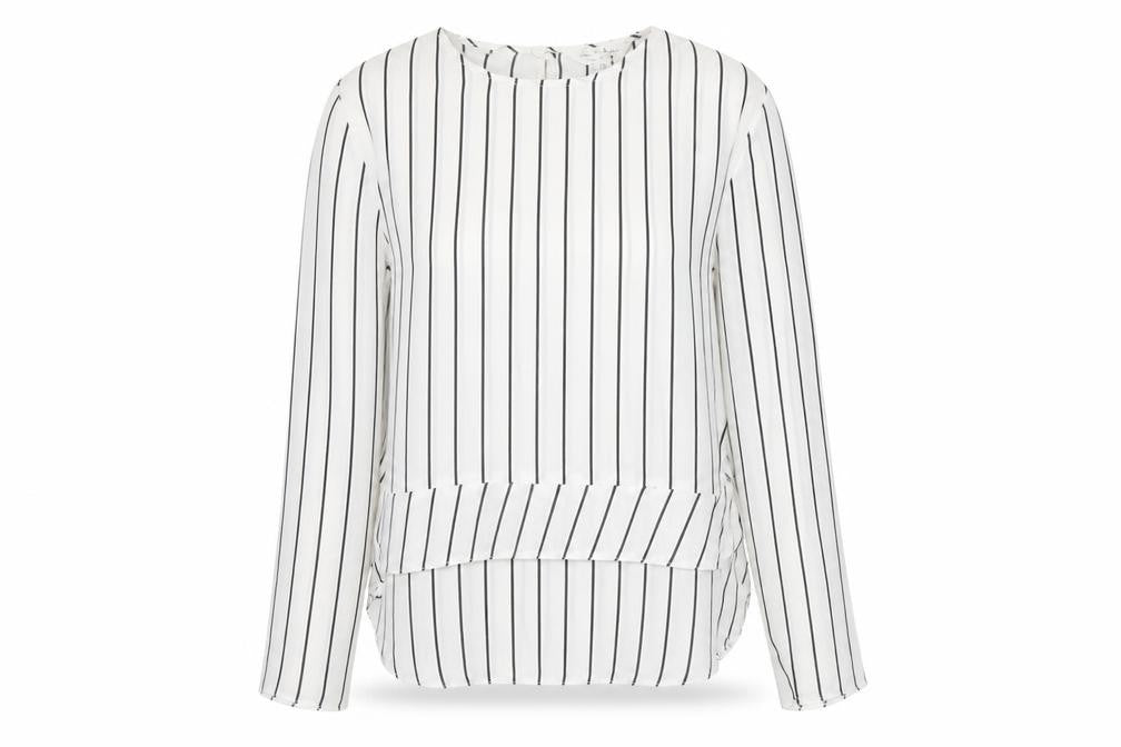 Front view of Miss Selfridge Women’s White Striped Long Sleeve Tunic Blouse, size UK 8