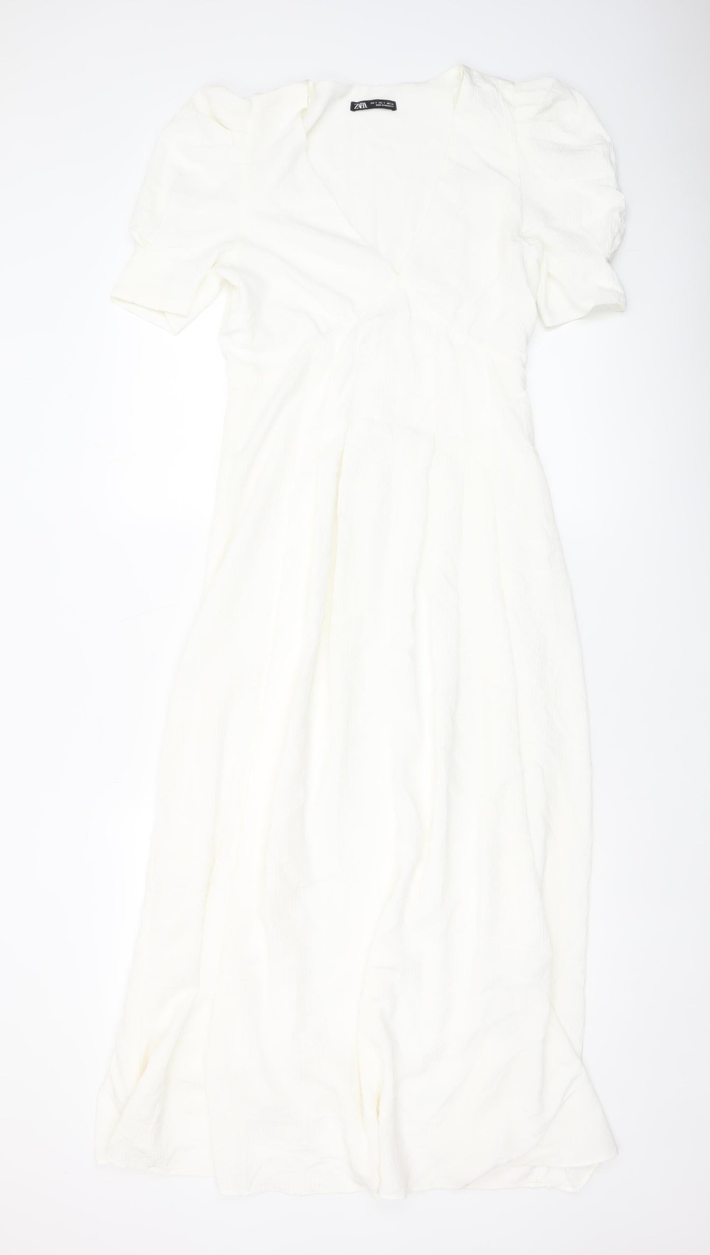 Zara Women White Fit & Flare Midi Dress Short Puff Sleeve V-Neck S