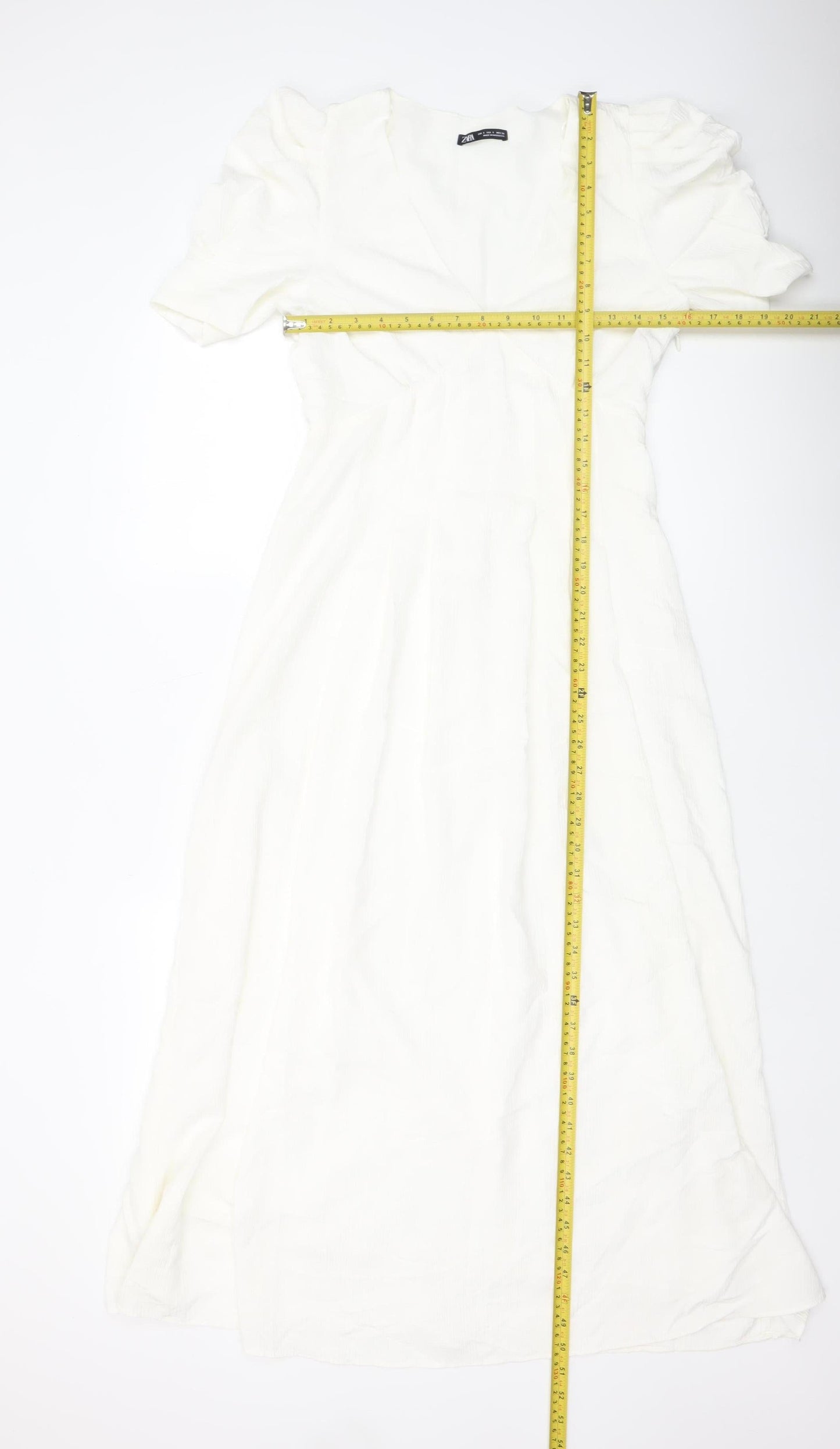 Zara Women White Fit & Flare Midi Dress Short Puff Sleeve V-Neck S