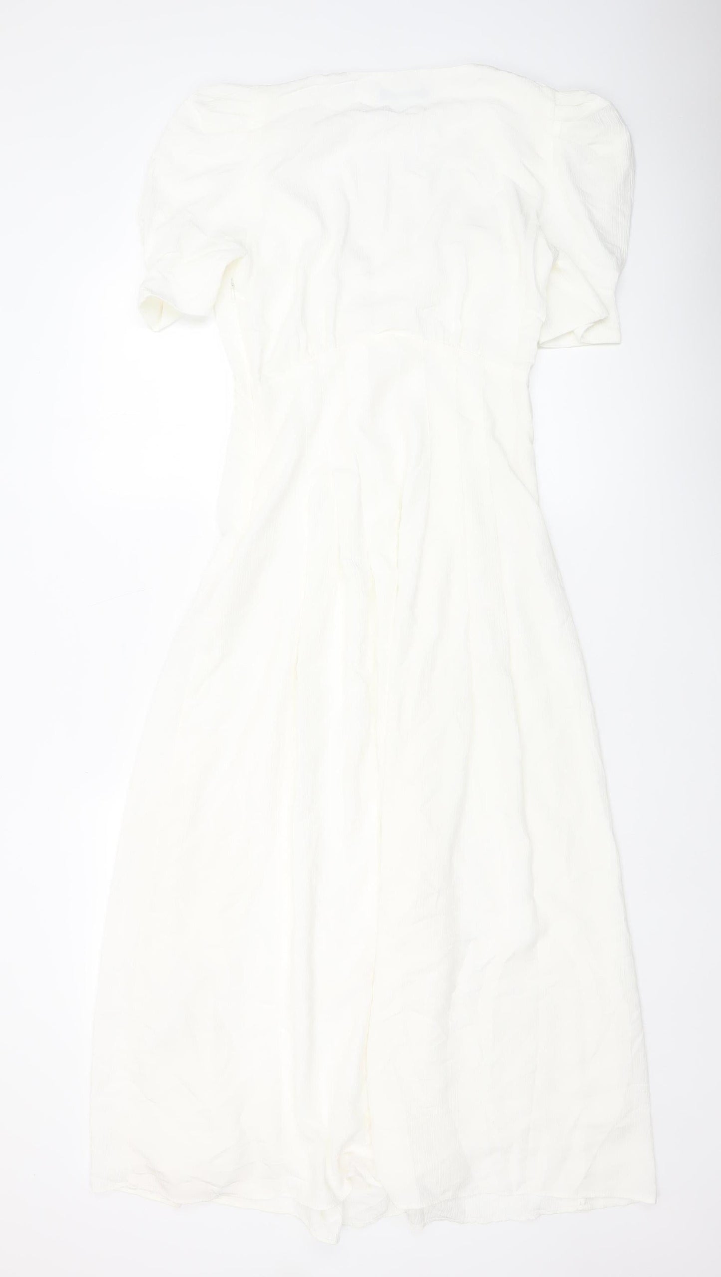 Zara Women White Fit & Flare Midi Dress Short Puff Sleeve V-Neck S