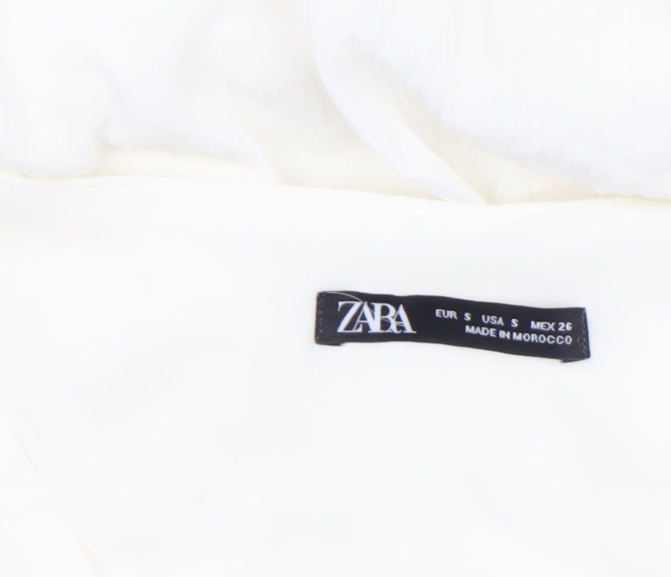 Zara Women White Fit & Flare Midi Dress Short Puff Sleeve V-Neck S