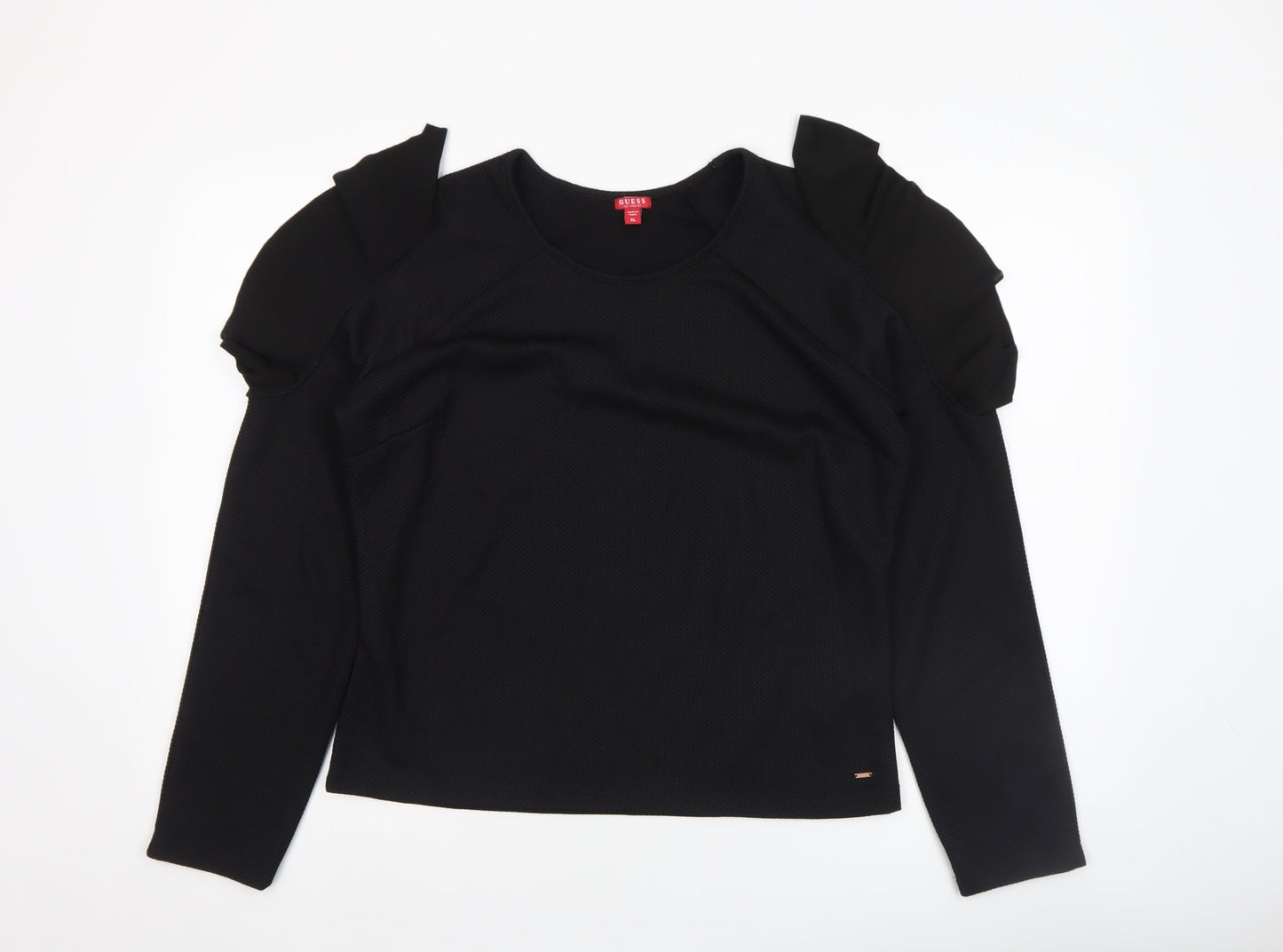 Guess Womens Black Ruffle Sleeve Long Sleeve Blouse XL