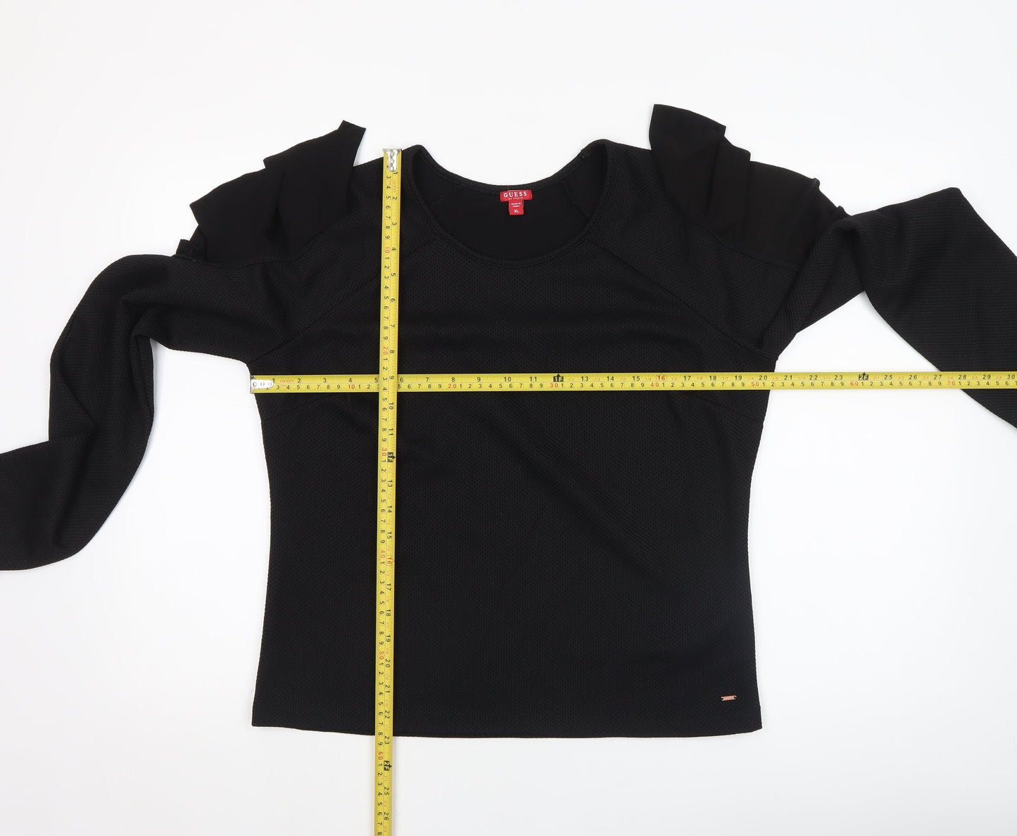 Guess Womens Black Ruffle Sleeve Long Sleeve Blouse XL