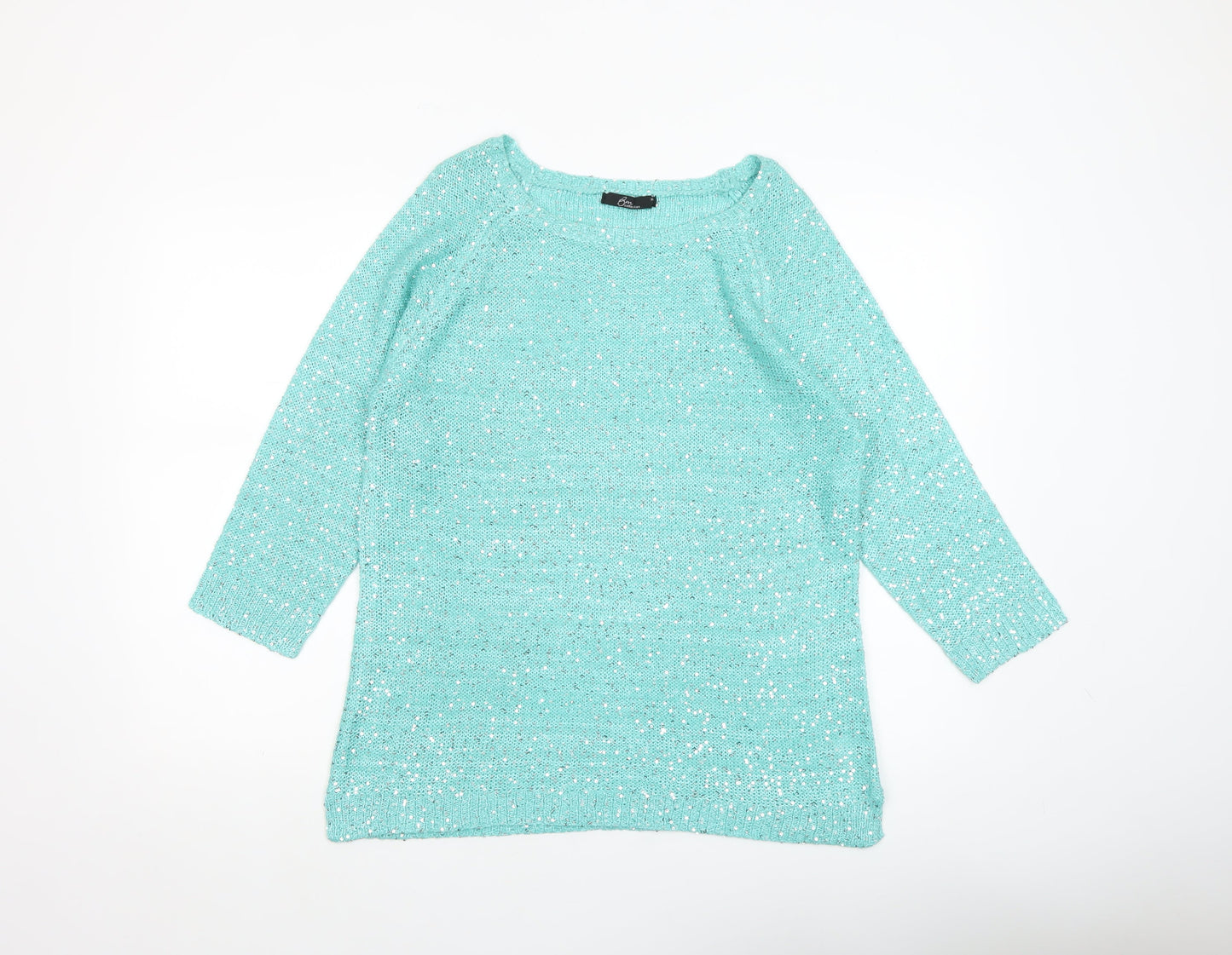 Bm Collection Women's Green Sequin Knit Boat Neck 3/4 Sleeve Jumper M