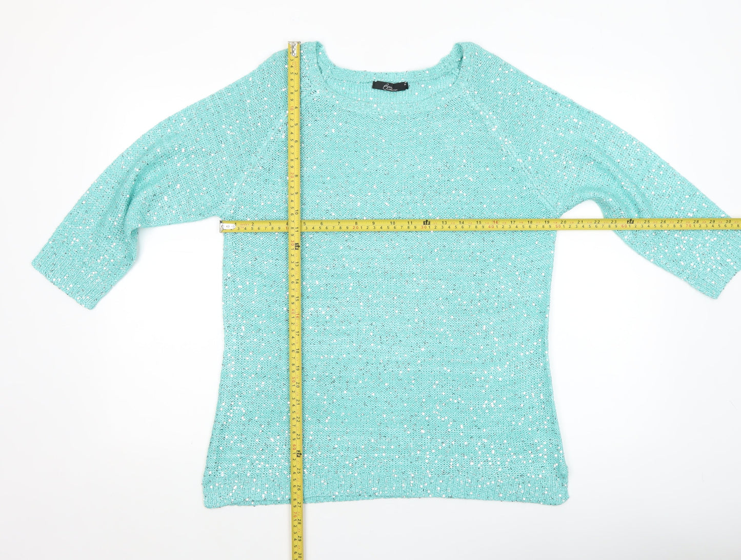 Bm Collection Women's Green Sequin Knit Boat Neck 3/4 Sleeve Jumper M