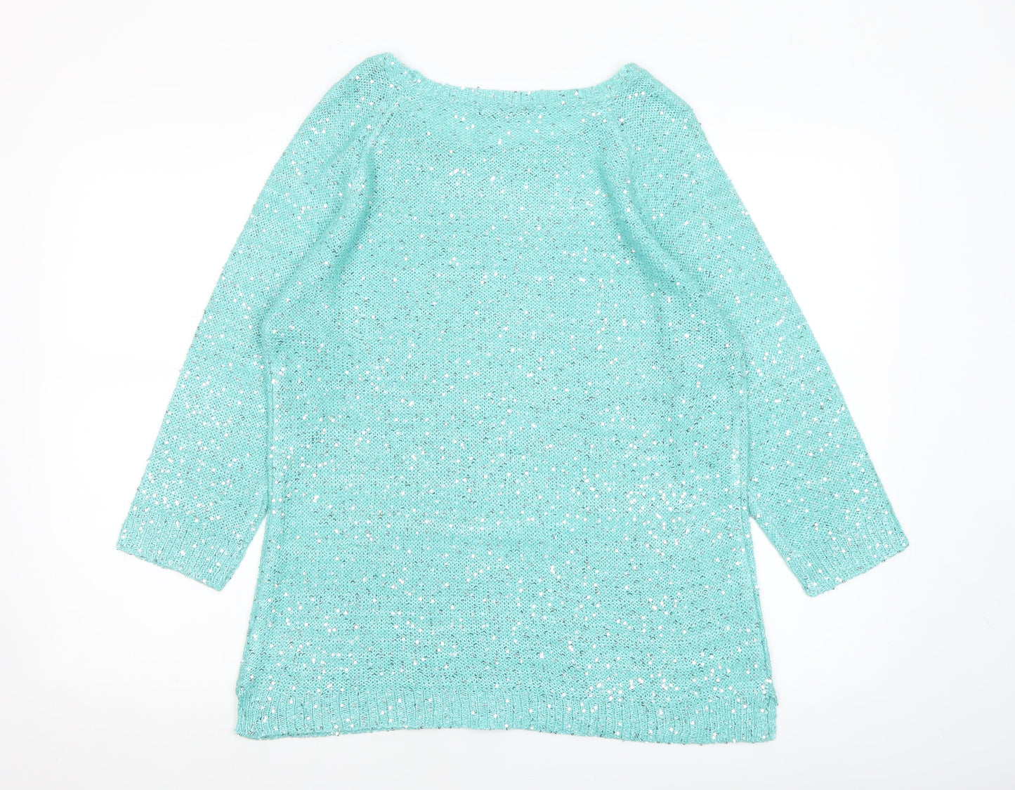 Bm Collection Women's Green Sequin Knit Boat Neck 3/4 Sleeve Jumper M