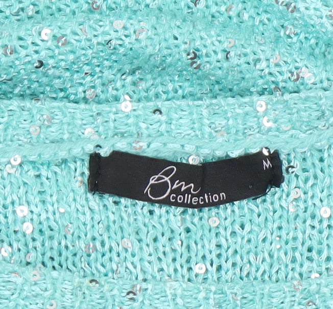 Bm Collection Women's Green Sequin Knit Boat Neck 3/4 Sleeve Jumper M