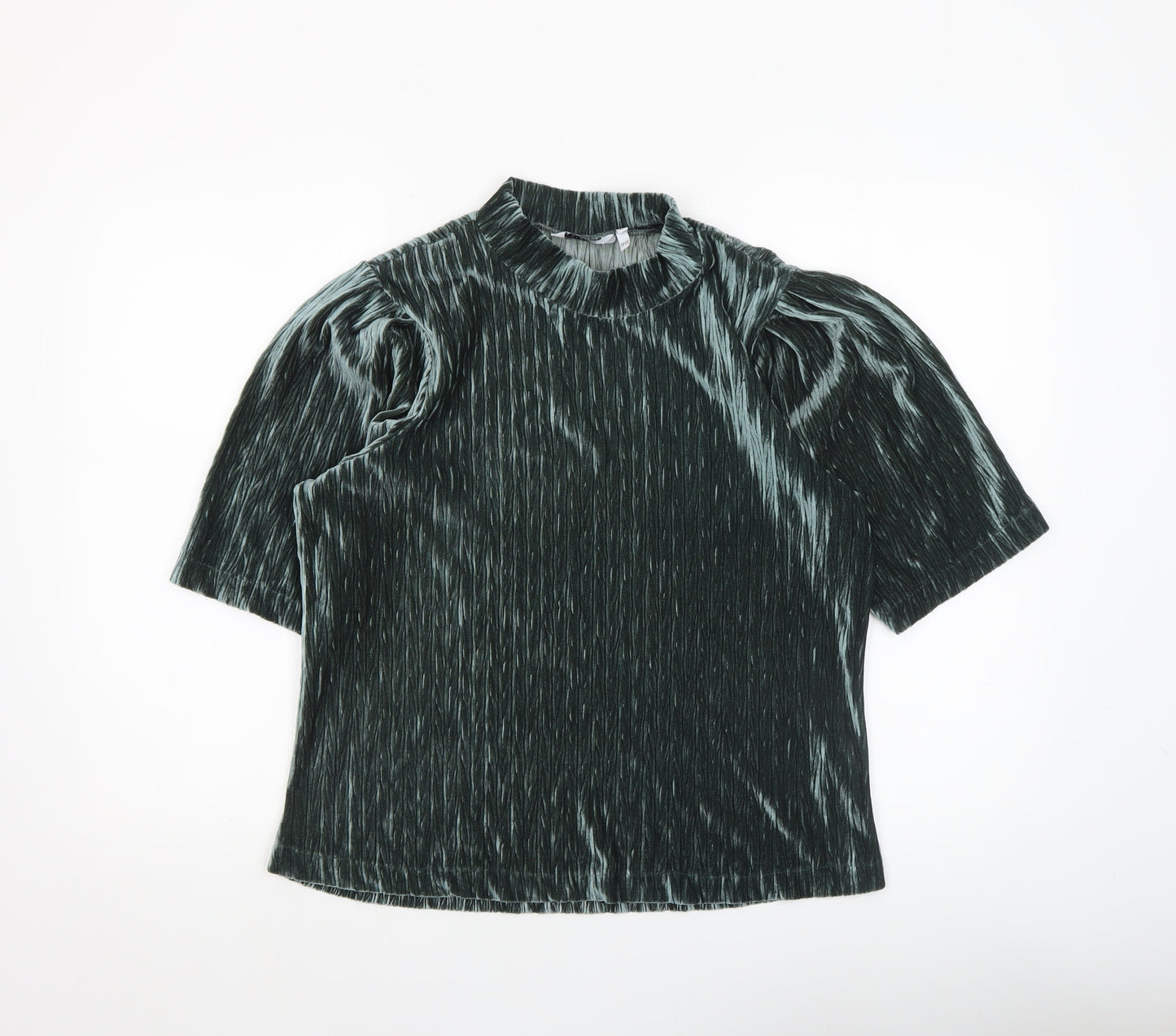 b.young Women's Green Velvet Mock Neck Puff Sleeve Blouse Size M